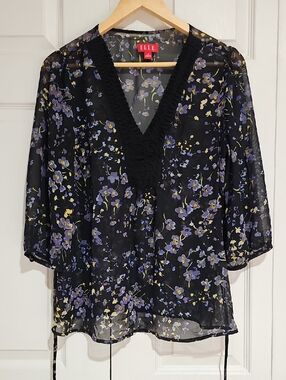 ✨ ELLE Floral Sheer Blouse – Black Purple Yellow Size M